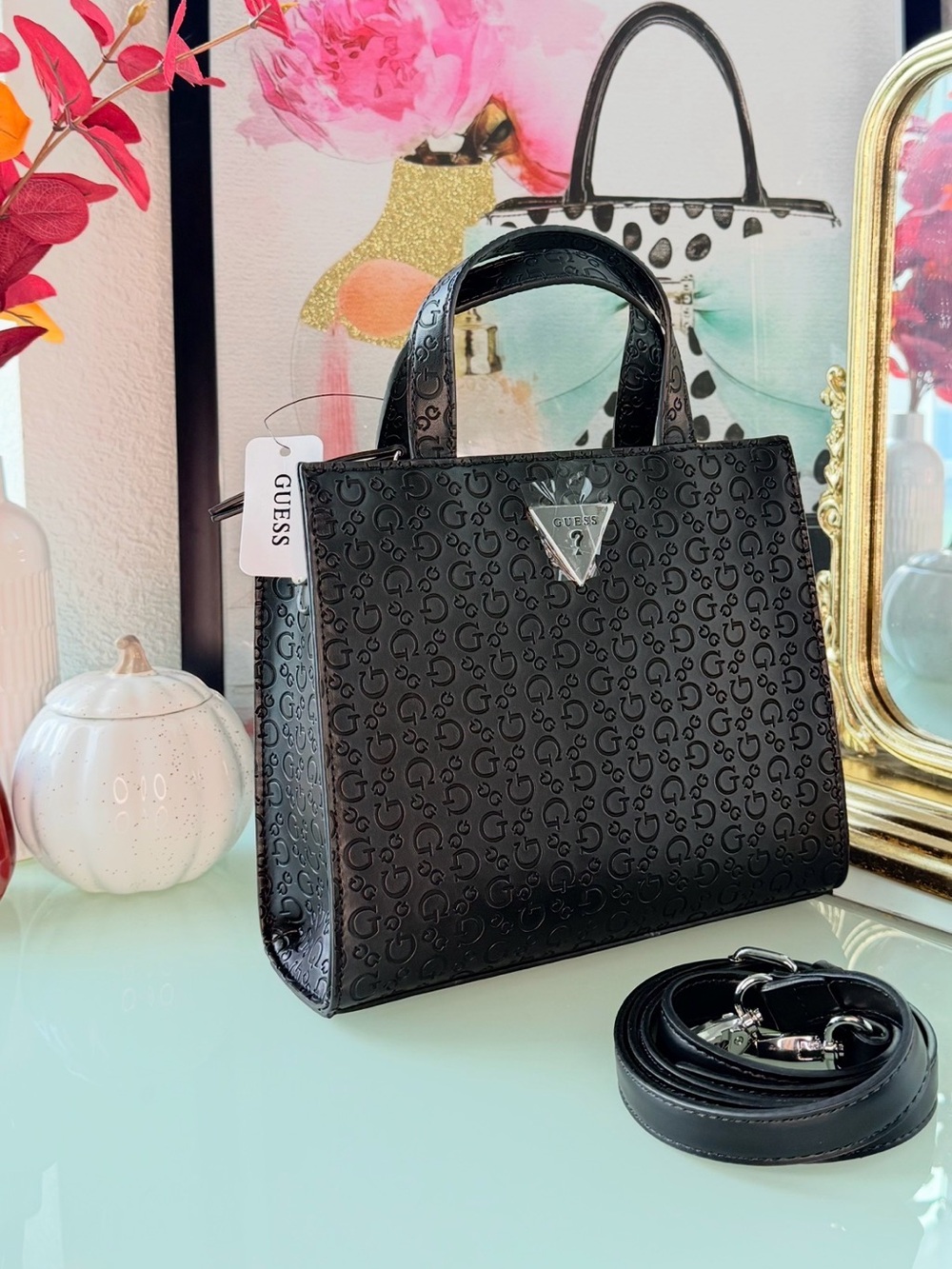 Guess Black Signature Satchel with Silver Logo Plaque